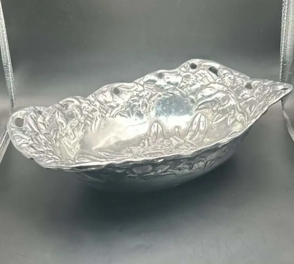 Vintage Peltrina Peltre Pewter Oval Floral Serving Bowl with Pierced Handles